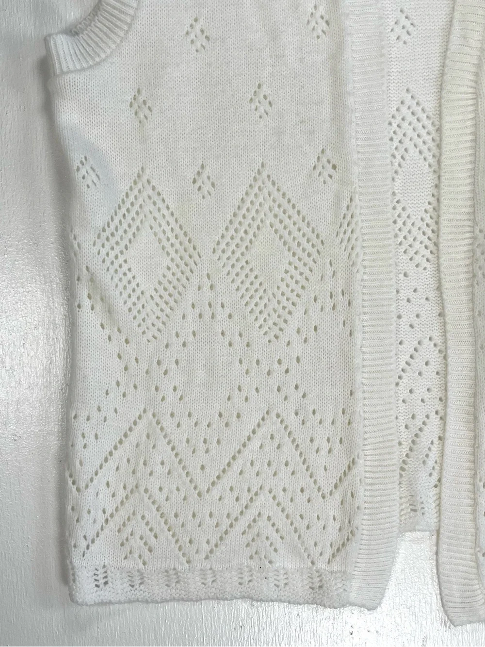 Blair Vintage White Pointelle Knit Open Front Sweater Vest Medium Crochet Boho